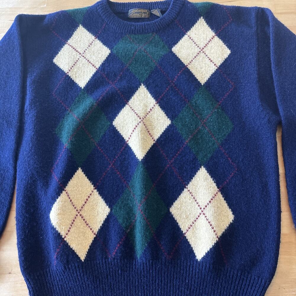 Vintage Eddie Bauer Men’s XL 100% Shetland Wool Argyle Sweater Made In Hong Kong - Picture 2 of 9